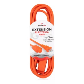 Divitech® Extensión Eléctrica Uso Rudo Multicontacto 5 Metros Cable De Cobre Cal.16 Awg. Divitech ELACMU-0002 Color Naranja 3 Tomas De Corriente