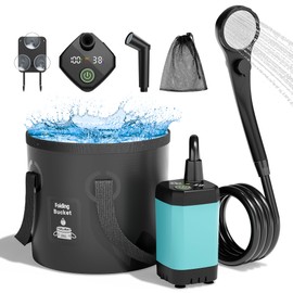 Moriko Portable Camping Shower, 6000mAh Rechargeable Shower Pump, Filtered Shower Head & 5 Gallons Foldable Bucket, Outdoor Shower for Hiking Beach, Travel, Pet Bath, Car Washing, Surf & Boat Cleaning