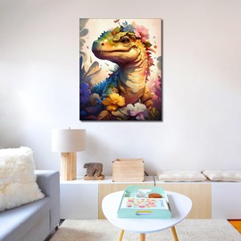 Rebotipy Paint by Numbers Kits for Adults Kids Cute Dinosaurs with Florals Oil Painting Animals Oil Painting DIY Paint by Number for Children's Room Wall Decor 16 x20 in