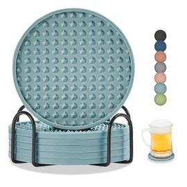 ButterMelt Coasters for Drinks, Silicone Coasters Set of 6 with Metal Holder, Outdoor Coaster for Coffee Table, Non-Slip Rubber Table Cup Mat Desk, Heat Resistant & Scratch-Proof (Grayish Blue)