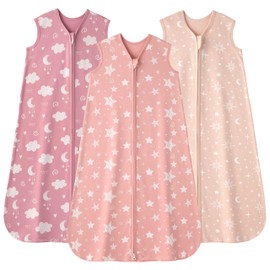 FIEMOL Baby Sleeping Bag, 6-12 Months, 0.5 Tog, Portable Cotton Baby Blankets, Pack of 3, Breathable Summer Sleeping Bag for Newborns, 66-76 cm, Pink Stars