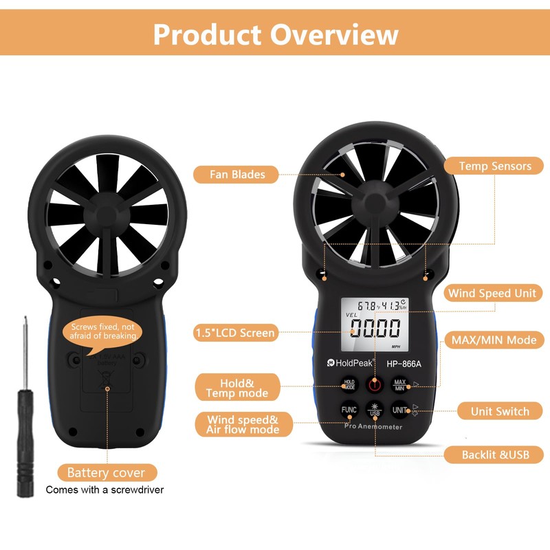 Holdpeak 866A Anemometer HVAC, Pro CFM Air Flow Meter for