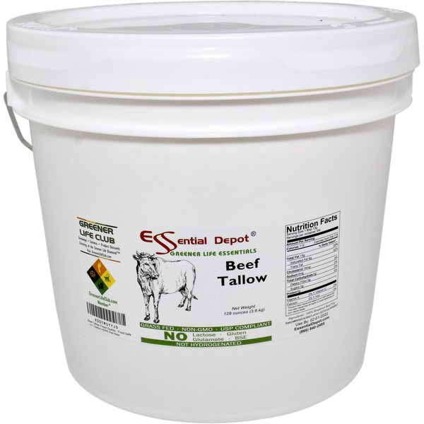 Beef Tallow - 8 lbs in 1 Gallon Pail - GRASS FED - Non-GMO - Not Hydrogenated - UPS Compliant - Free from Lactose-Gluten-Glutamate-BSE - HDPE microwavable container, resealable lid & removable handle