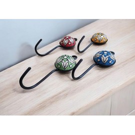 JGARTS Set of 4 Mixed Ceramic, Vintage Shabby Chic Look Coat, Clothes, Jewelry and Key Hooks for Wall or Door, Beautiful Hangers in Yellow Red Sky Blue Green colos Design 05