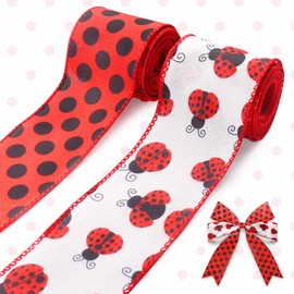 2 Rolls Spring Ladybug Ribbons, Spring Ladybird Red Dots Burlap Wired Ribbons Spring Decor Ribbons for Spring Gift Wrapping Home Party Crafts Decoration Supplies, 2.5 Inch x 5 Yards x 2 Pieces