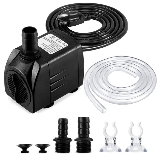 CWKJ Fountain Pump, 400GPH(25W 1500L/H) Submersible Water Durable Outdoor Pump with 6.5ft Tubing (ID x 1/2-Inch), 3 Nozzles for Aquarium, Pond, Fish Tank, Hydroponics
