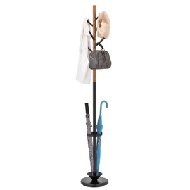 MyGift Freestanding Metal Entryway Coat Rack and Umbrella Stand with Sturdy Round Base and 6 Faux Wood Hanger Hooks