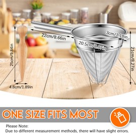 SiliFine Stainless Steel Reinforced Bouillon Strainer Sieve Strainer Cone Fine Mesh Strainer with Handle and Wood Pestle for Kitchen Food Cooking (8 Inch)