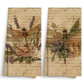 Sviojuce Vintage Dragonfly Floral Kitchen Towels Decorative 16x24 Set of 2, Beige Fall Dish Towels Cloths Dishcloths Tea Towel Gifts, Autumn Aesthetic Bathroom Kitchen Hand Towel Decor