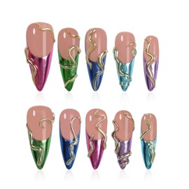 Handmade Almond Fake Nails,10Pcs Medium Length Press on Nails Glossy Acrylic Nails 3D Swirl Design Nails Full Cover Artificial Nails for Women and Girls(Large)