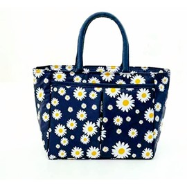 StyleC Portable Daisy Pattern Printed Lunch Box Waterproof Thermal Insulated Tote Bag Reusable Cooler Bag Lunch Container , Lunch Holder for Women, Men, Student and Kid (Daisy Dark Blue)