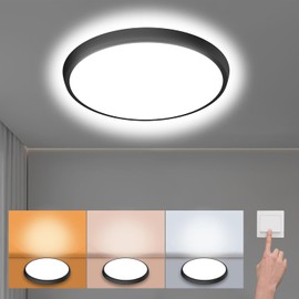 DODOPEN Black Flush Mount Ceiling Light 12inch, 2400LM Low Profile Ceiling Light Fixture, 3000K/4500K/6500K 3 Color Selectable Hardwire Light Fixture, 24W Round Flat Ceiling Lamp for Bedroom, Kitchen