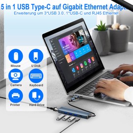 Loydia USB C LAN Adapter, 5 in 2 USBC Hub Ethernet, USB 3.0 to Gigabit RJ45 1000Mbps Ethernet LAN Network Adapter with 3USB 3.0 & 1USB Type-C Ports, Compatible for Laptop, PC with Windows/Mac OS/Linux