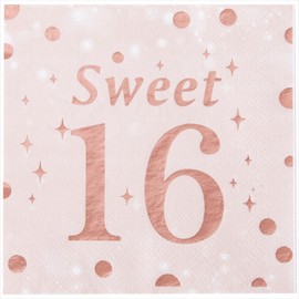 Sllyfo Sweet 16 Party Decorations - 50PK - Sweet 16 Napkins 16th Birthday Decorations for Girls 5x5 Inches, Disposable Cocktail Napkins Paper for Happy 16th Birthday Anniversary Party Rose and Gold