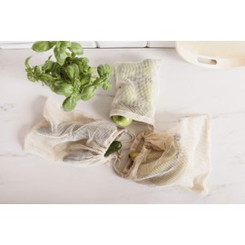 York Mesh Bags Set of 3 Vegetable Bags Fruit Bags Reusable Shopping Nets Made of Cotton Fruit Nets Mesh Bags 30 x 35 cm - 25 x 30 cm - 18 x 23 cm Eco Natural, White