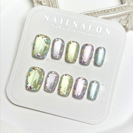 24Pcs Short Press on Nails Square Fake Nails Colorful Gem False Nails French Tip Stick on Nails Full Cover Glossy Acrylic Nails Press on Reusable Artificial Stick on Nails for Women DIY Manicure Salon