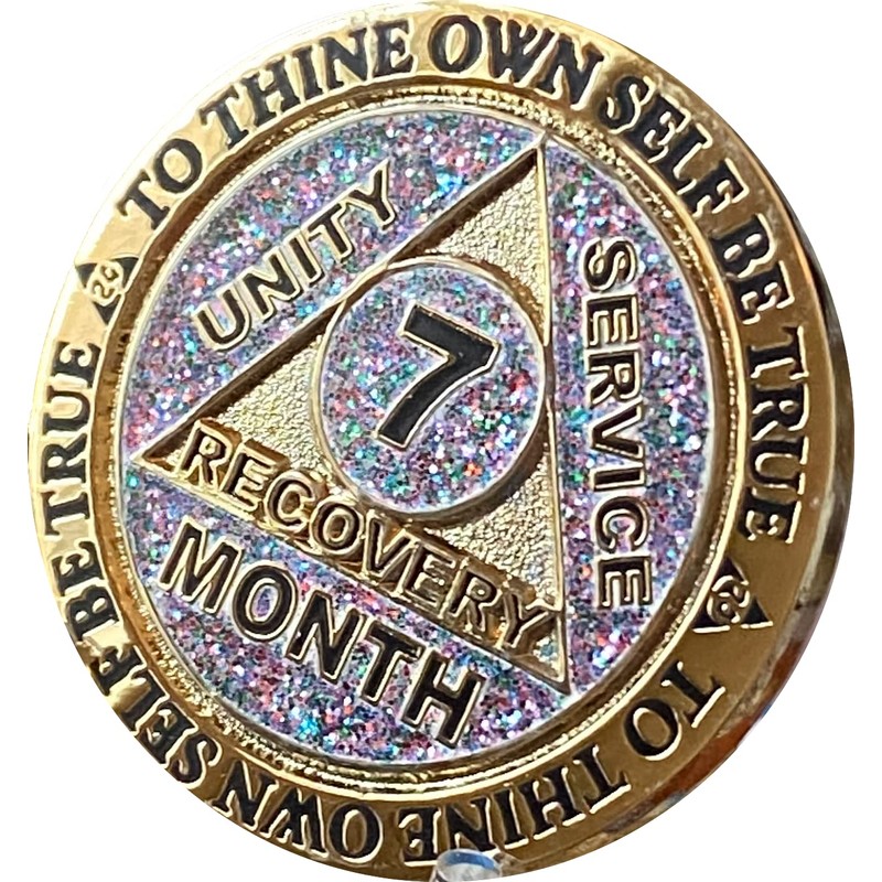 7 Month AA Medallion Reflex Funfetti Birthday Glitter Gold Sobriety