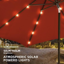 wikiwiki 10FT Solar Led Patio Umbrella with Base, Sturdy Outdoor Market Umbrella for Deck, Pool, Garden w/Tilt, Crank, 32 LED Lights, Red