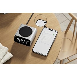 Xoopar - Digital Alarm Clock with Quick Charger Induction 15W with Thermometer - Made from Aluminium - Recycled Plastic Compatible with Latest Smartphones - Red Charge Grey