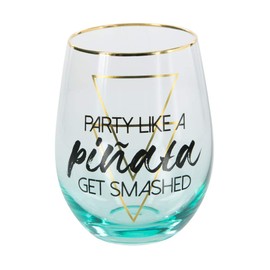 Pavilion Gift Company 12220 Blue Party Like A Pinata Get Smashed Ombre & Gold 18oz Stemless Birthday Wine Glass