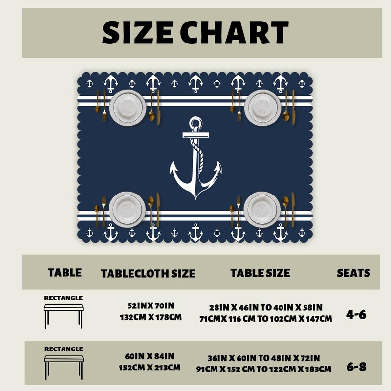 TLCBFF Nautical Decorative Rectangle Tablecloth Anchor Sailing Ocean Dark Navy