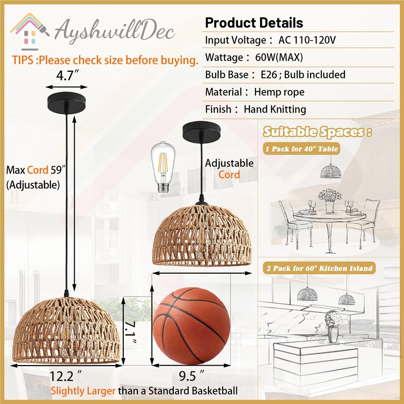 AyshwillDec Hemp Rope Woven Pendant Light Woven Light Fixture Boho