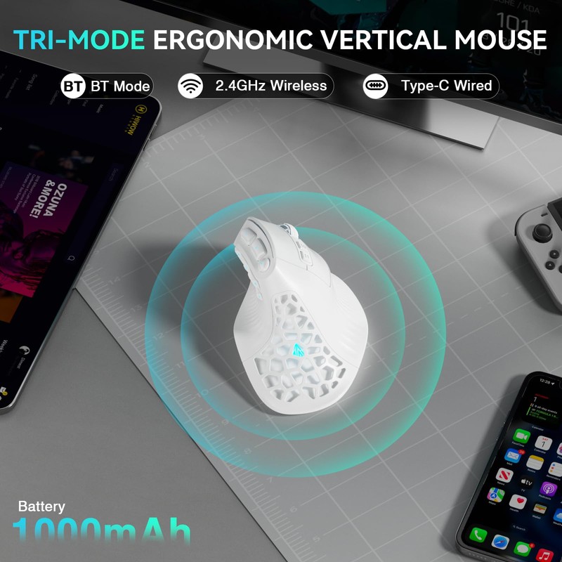 E9 Vertical MMO Gaming Mouse,24800 DPI,Tri-Mode Ergonomic Wireless Mouse with