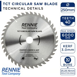 Rennie Tools - 250mm x 30mm x 40T TCT Circular Wood Saw Blade Includes 25mm 20mm & 16mm Bore Reduction Rings. Compatible with Bosch Makita Dewalt Circular Saw Etc. Fits 255mm Circular Saws