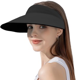 ZOORON Sun Visor Hats for Women Men Wide Brim Sun Hats Women Men Adjustable Ponytail Sun Hats Foldable UPF 50+ Black