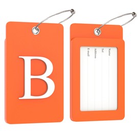 Gostwo 2 Pack Luggage Tags for Suitcases, 26 Initial Letter Travel Luggage Baggage Identification Labels ID Tag Fully Bendable Tags with Stainless Steel Loop (Orange) (Letter B)