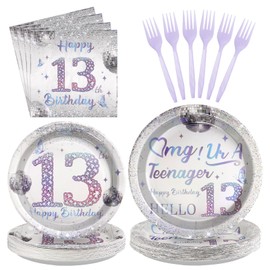 Grencian 96Pcs 13th Birthday Decorations for Girls Silver Disco Iridescent 13th Birthday Plates and Napkins Disposable Paper Tableware for Girls 13 Year Old Party Supplies, Serves 24