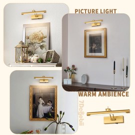 7Degobii Battery Operated Picture Light with Remote,Wireless Gallery Lights Gold 12in Rechargeable Display Light with Flexible Swing Arm,Dimmable Wall Sconce for Artwork on Wall