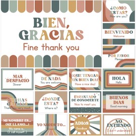 BelleAngle 16Pcs Bilingual Posters Spanish English Words and Phrases Poster Set Educational Materials for Teachers Preschool Back to School Classroom Decorations