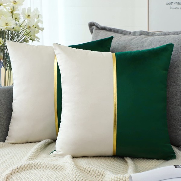 Artscope Green White Velvet Cushion Covers with Gold Leather Patchwork