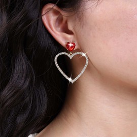 TseenYi Large Heart Crystal Rhinestone Earrings Vintage Ruby Heart Stud Earrings Gold Rhinestone Heart Drop Earrings Large Hollow Heart Love Earrings Jewellery for Women and Girls