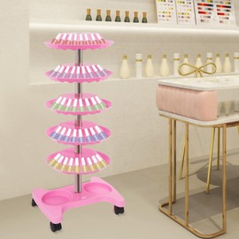 FTUREPAC 5 Tiers Nail Polish Trolley Display Organizer, 360 Rotating Nail Polish Rack Holder with Wheels, Up to 120 Nail Polish, Rotating Essential Oil Display Stand for Home Spa Business Salon, Pink
