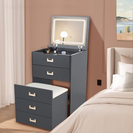 HVCBOSS 3 in 1 Vanity Desk with Flip Top Mirror, Small Make Up Vanity Set with Visible Glass Desktop, Compact Makeup Vanity with 3 Drawers, Cushioned Tool, Dressing Table for Bedroom