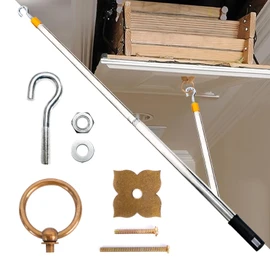 Attic Pull Down Hook Kit - 60 Inch Steel Pole & Hook for Scissor Ladders | Cordless Attic Door Release System with Solid Antique Brass Handle (Silver)