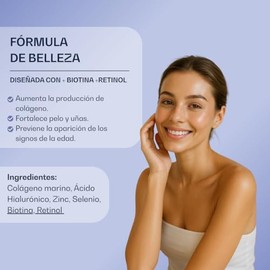 Beauty Collagen - Colágeno Marino Hidrolizado en Péptidos con Ácido Hialurónico, Biotina y Zinc, Polvo Sin Sabor en Sobres Individuales, 12 g por Porc