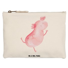 Mr. & Mrs. Panda L Make-Up Bag Axolotl Tanzt - Gift, Tail Lurch, Cosmetic Bag, Pencil Case, XXL with Saying, Amphibie, Bouncing, Roof Damage, New, 100% Cotton, Crazy, White, L Schminktasche, Hand drawn