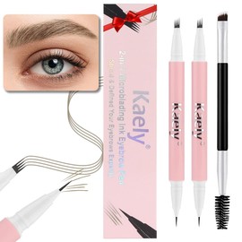 evpct Kaely 2Pcs Light Brown Magic Microblading Dual-Ended Eyebrow Contouring Pen Brow Pencil, with 4 Brush Micro-Fork-Tips Applicator and Precise Brush-Tip Hair Like Strokes, Dual-ended Eyebrow Brush