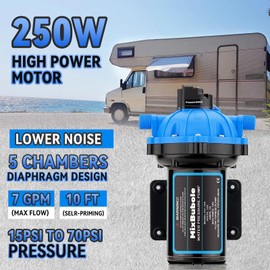250W RV Water Pump 70PSI 7GPM Upflush to 10FT 12V Water Pump Water Pressure Booster Five Chamber Diaphragm Self Priming Transfer Pump with Heavy Duty Pressure Switch for RV Marine Yacht Caravan Camper