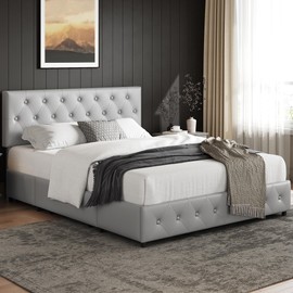 Yaheetech Queen Bed Frame Upholstered Bed Frame with Adjustable Diamond Button-Tufted Headboard/3 Drawers Storage, Queen Platform Bed/Strong Wooden Slats, Light Gray Queen Bed