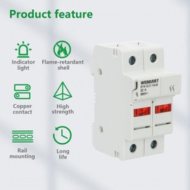 Wengart Fuse Socket RT18-32X, Suitable for RT18 RO15, 2-Pin 10 x 38 mm Fuse Insert, with LED Indicator, Rail Mounting, Provides Overcurrent and Short Circuit Protection