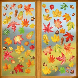 Fall Leaves Window Clings for Glass Windows, 66Pcs Autumn Maple Leaves Acorn Window Decals Stickers Autumn Clings for Office Home Classroom Fall Windows Decorations