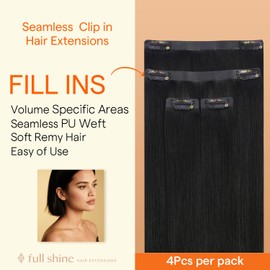 Full Shine Seamless Clip in Hair Extensions Human Hair, Color 2 Jet Black Thinning Hair Extensions Invisible Hair Extensions, Straight Remy Human Hair Fill Ins 16Inch 4PCS 65g