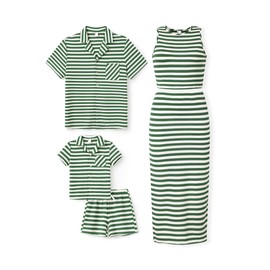PATPAT Family Matching Summer Outfits: Ribbed Knit Striped Kids' Unisex Shirt and Shorts - Daddy Mommy and Me Matching Set for Family Photos Outings Vacations, Green Stripe, Kids, 4-5 Years
