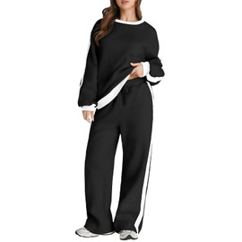 Herseas Women's 2 Piece Color Block Outfits Black Sweat Set Crewneck Wide Leg Sweatpants Fleece Lounge Sets Medium