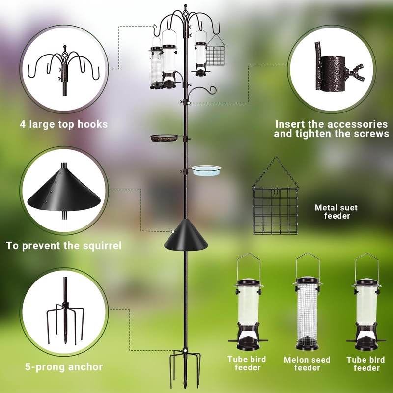 YINGYM 6-Hook Bird Feeding Station Kit Wild Bird Feeder Stand