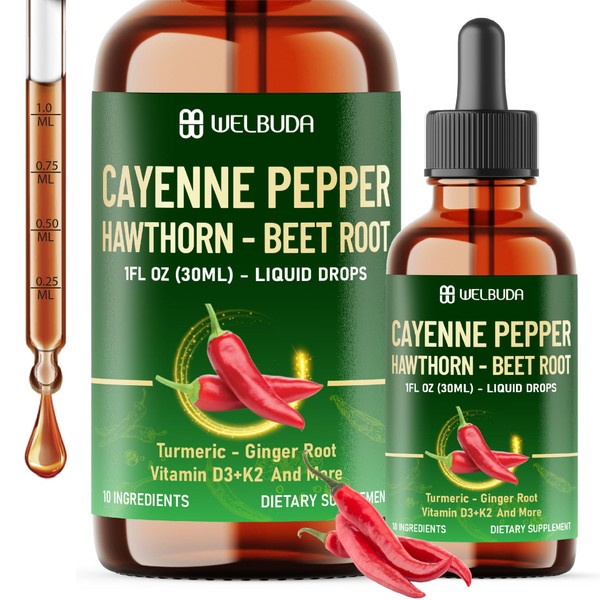 WELBUDA Cayenne Pepper Liquid Drops with Vitamin D3, Vitamin K2,